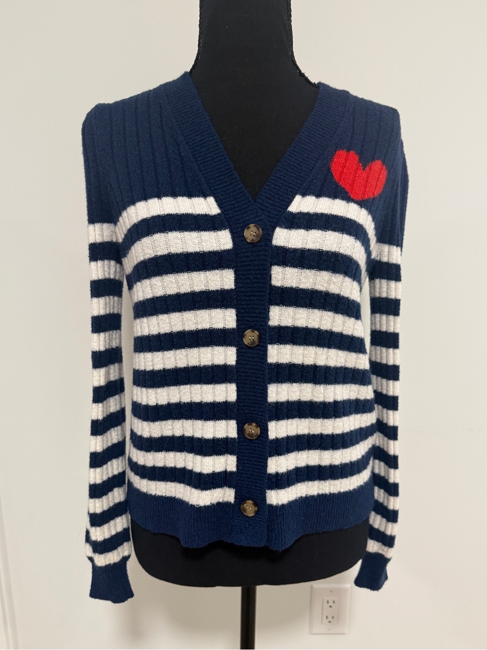 LOFT Petite S Navy White Striped Cardigan Red Heart V-Neck Button Front Preppy